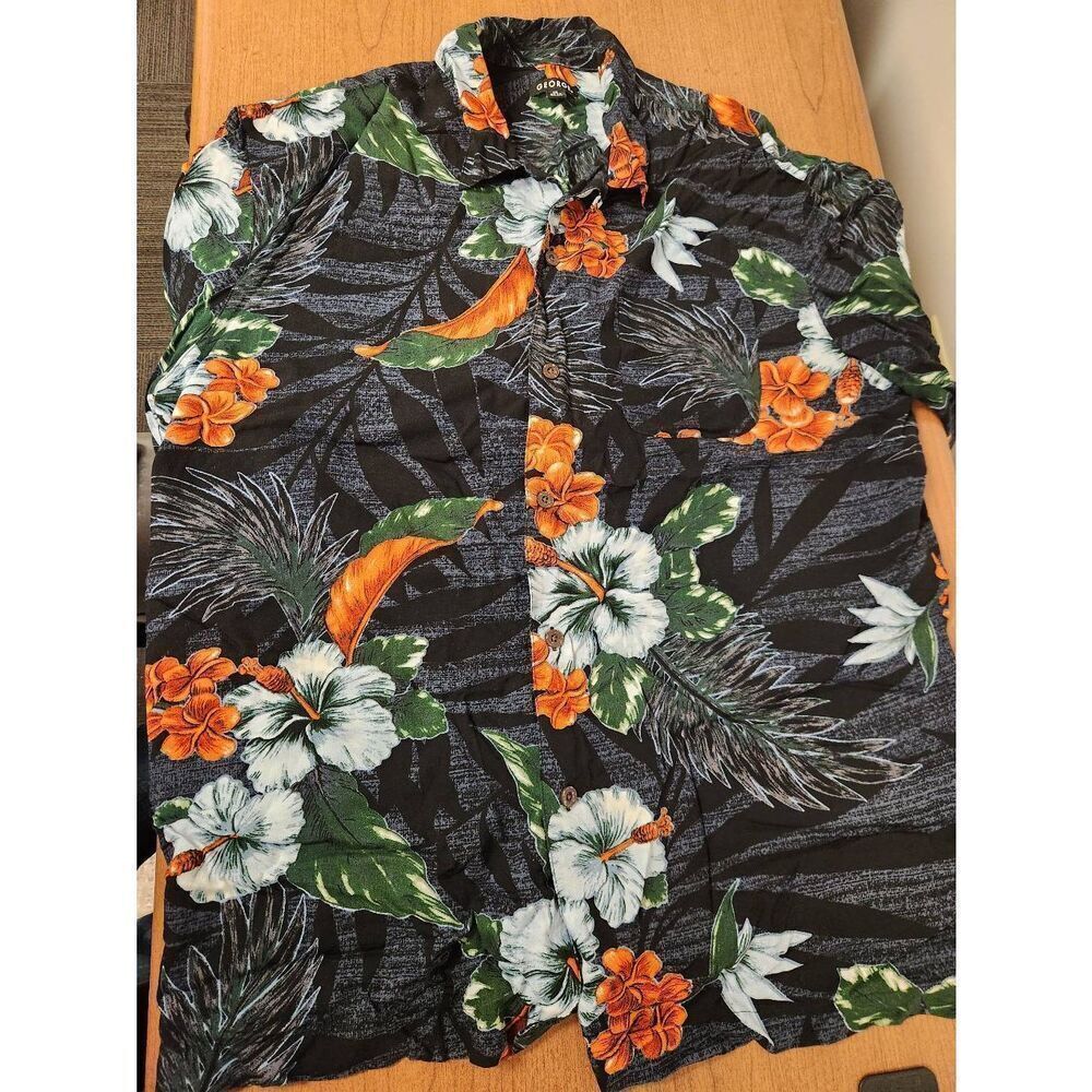 George Short Sleeve Shirt Men L Hawaiian Camp Floral, button up
